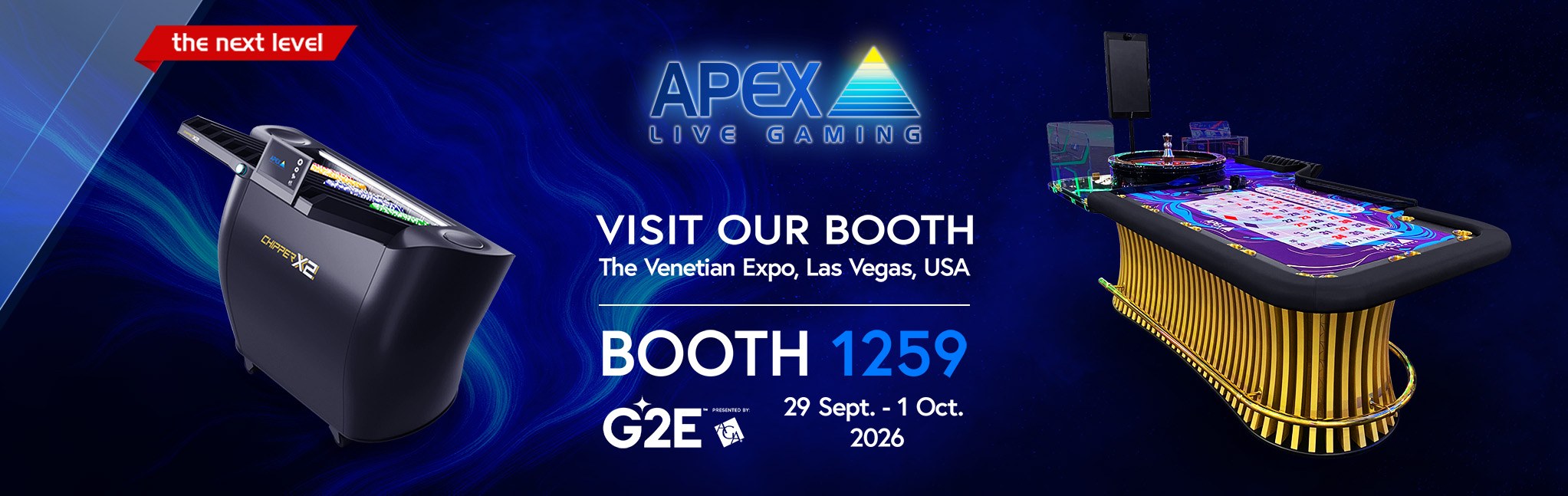 Apex Live Gaming at G2E 2026 — The Venetian Expo, Las Vegas, booth 1259, 29 September to 1 October 2026